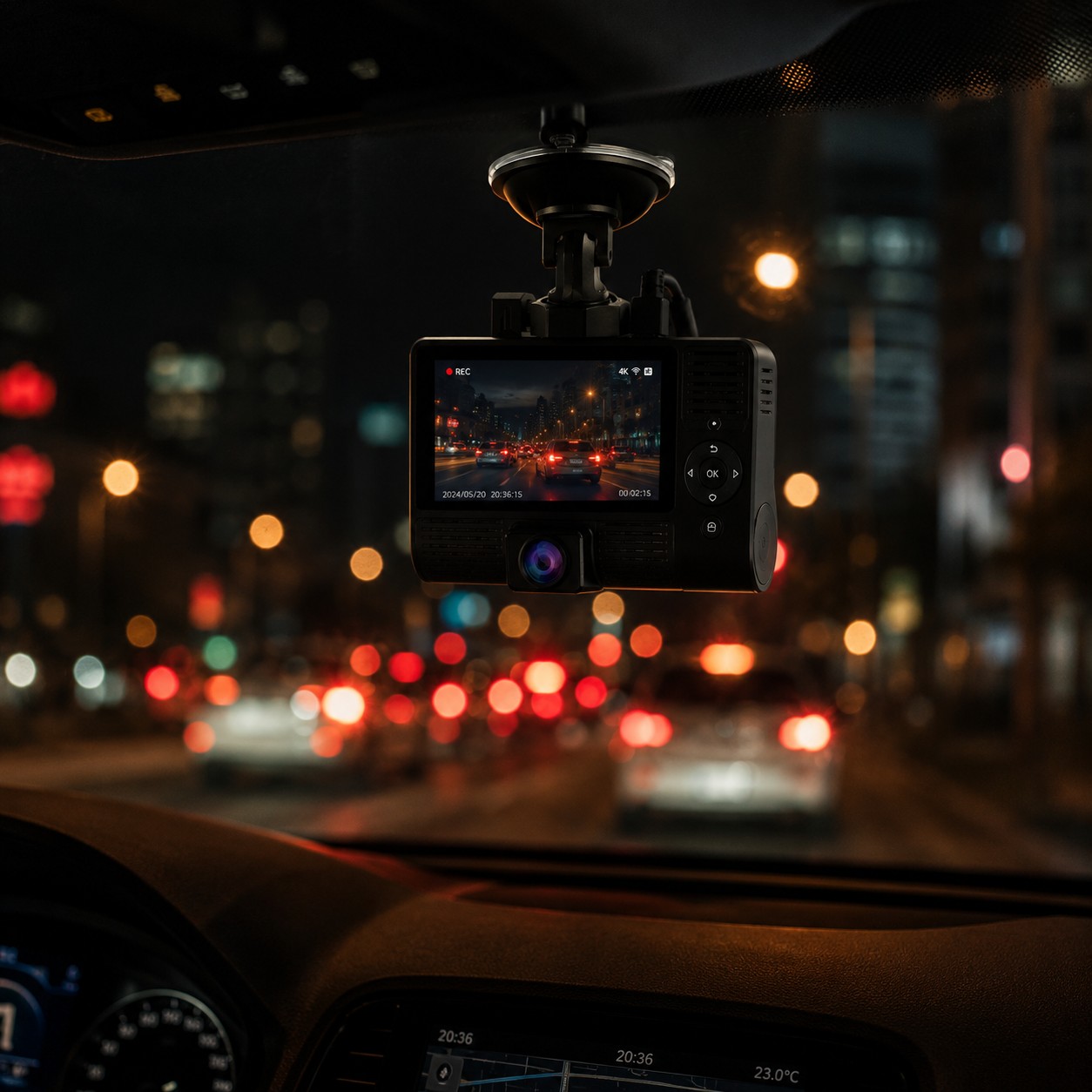 Dashcam DVR-3 grabando de noche en la ciudad