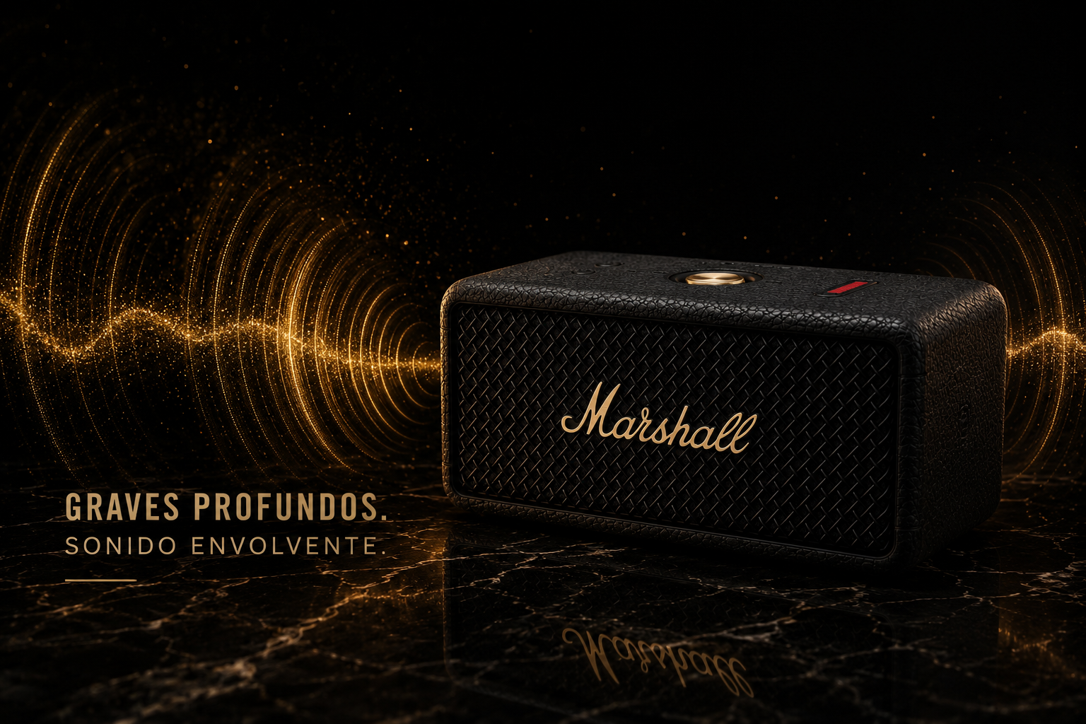 Marshall Emberton sobre superficie de mármol con ondas de bajo doradas envolventes